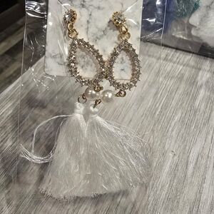 Gold & White Teardrop Tassel Earrings with Pearl Accent